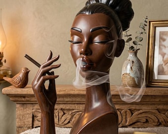 Quemador de incienso artístico con forma de busto de mujer africana - Figura fumando, decoración única de arte negro, escultura de arcilla, acento zen para el hogar y la oficina, perfecto
