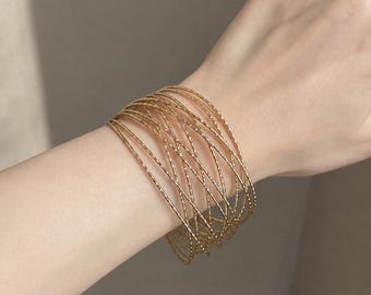 Vintage Gold Layered Bracelet, Open Cuff Armlet, Minimalist Hollow Bangle, Boho Chic Jewelry, Adjustable Statement Wristwear