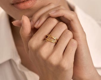 Anillo personalizado con nombre y mariposa en forma de corazón, anillo doble personalizado con nombre, anillo ajustable con letra cursiva, joyería para damas de honor, regalo de cumpleaños para ella.