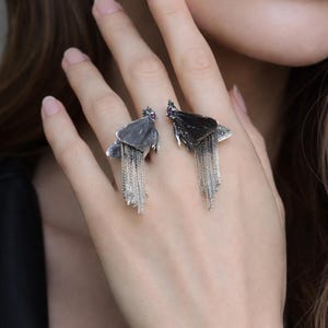 Dark Gothic Moth Tassel Ring, Adjustable Open Ring, Oxidized Insect Statement Jewelry, Witchy Punk Grunge Gift for Her