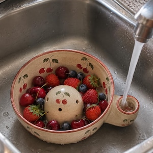 May include: A speckled ceramic berry colander bowl with a cream-colored base and hand-painted red cherry motifs. The bowl features a central dome with drainage holes and a side handle with a water intake opening, filled with fresh strawberries and cherries.