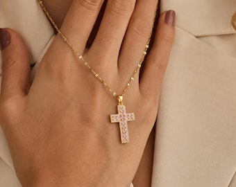 Collar con cruz de diamantes de imitación en cadena de plata, colgante de cristal brillante, joyería Y2K Coquette, regalo de fe cristiana para mujeres, dije de aleación