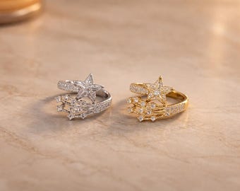 Anillo Estrella Fugaz con Explosión Estelar, Anillo Destacado con Cristal de Circonita, Anillo Brillante Celestial, Anillo Ajustable Delicado, Regalo para Ella
