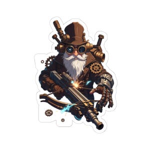 May include: A sticker featuring a steampunk-style character with a white beard, goggles, and a top hat. The character is holding a crossbow with sparks and lightning bolts. The design incorporates gears and metallic elements, creating a detailed and imaginative illustration.