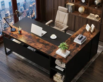 71 Inch L Shaped Executive Desk with Storage Cabinet and Shelves Modern Office Workstation
