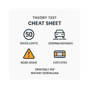 May include: A white graphic with the text "THEORY TEST CHEAT SHEET" and icons for speed limits, stopping distances, road signs, and cats eyes. The text "PRINTABLE PDF INSTANT DOWNLOAD" is also included.