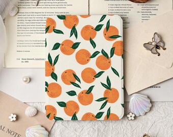 May include: A white tablet case with a repeating pattern of orange citrus fruits and green leaves. The case is rectangular and has rounded corners. The design is simple and colorful, with a fresh, summery vibe.