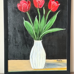 Original Red Tulips Acrylic Painting - Framed 11x14 Floral Still Life
