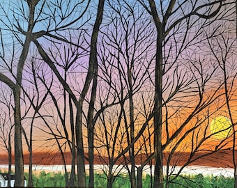 Original Acrylic Painting 20x16, Bare Trees Sunset Sky, Winter Landscape Wall Art