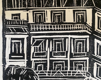Original Linocut Print – Hand Pulled, Sq Park Gardette, Artwork, Black Ink on White Paper