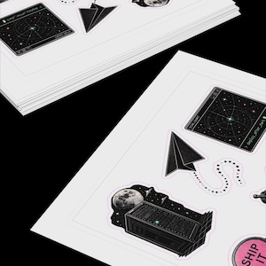 May include: A sticker sheet featuring black and white space-themed illustrations including a paper airplane with a dotted trail, a radar screen labeled STAR CHART and deploy_after_dark, a server rack with a moon, a satellite, and a pink SHIP IT button.