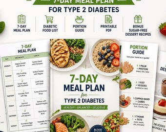 Diabetische Lebensmittel-Karte Bündel | Typ 2 Diabetes Speiseplan | Druckbare Lebensmittelliste & Snacktabelle | Blutzucker Ratgeber PDF | BONUS Dessert Rezepte