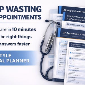 May include: Image of a medical planner with the text "STOP WASTING GP APPOINTMENTS." A stethoscope and several documents labeled "GP Appointment Prep" are visible. The planner promises to help prepare in 10 minutes, say the right things, and get answers faster.