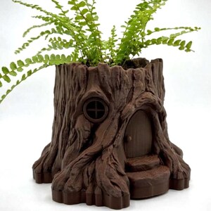 May include: A brown planter shaped like a tree stump with a textured bark surface, a small arched door, and a circular window. A green fern plant grows out of the top of the stump, which features a wide base and detailed wood grain patterns.