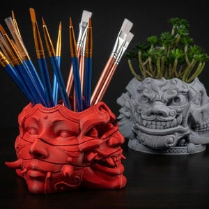 Organizer da scrivania a forma di volto Oni affettato, vaso per piante a forma di demone gotico, stampa 3D (colori personalizzati)
