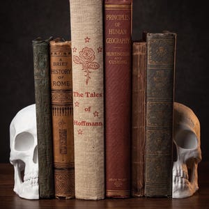 Puede incluir: Naturaleza muerta con una fila de libros antiguos, incluyendo "Principios de Geografía Humana" y "Los Cuentos de Hoffmann", flanqueados por sujetalibros de calaveras blancas. Los libros tienen cubiertas envejecidas en tonos marrón, rojo y verde.