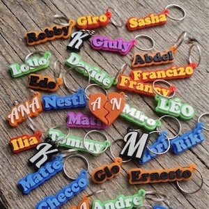 Può includere: Una collezione di portachiavi colorati con nomi come "Robby", "Sasha" e "Giuly" in vari font. I portachiavi sono in tonalità arancione, verde, blu e viola, con anelli argentati. Sono disposti su una superficie di legno rustico.