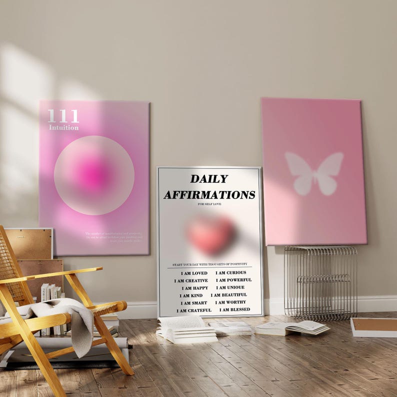 Set of 3 Affirmation Poster | Pink Aura Retro Gradient Art | Spiritual ...