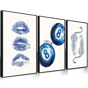 Set of 3 Navy Wall Art | Retro 8 Ball Poster | Blue Cheetah Print | Trendy Kiss Lips Prints | Preppy Dorm Room Decor