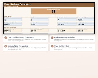 Life Coach Business Spreadsheet | 28 Sheet Kit | Session Tracker, Package Manager, Invoice Tracker, Revenue Dashboard | Excel Template