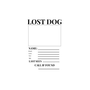 May include: A white poster with the words "LOST DOG" in bold, black font at the top. Below is a blank rectangle for a photo, followed by lines for details like name, breed, color, size, age, last seen, and a call if found section.