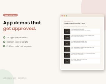 UGC Script Template for Apps | 100 Hooks, 8 Screen-Record Ad Scripts, B-Roll Shot List, CTA Bank + Platform-Safe Claims Guide | PDF