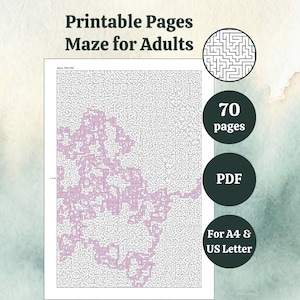 May include: Printable maze pages for adults. The image shows a maze with a pink design in the center. The text on the image says "Printable Pages Maze for Adults", "70 pages", "PDF", and "For A4 & US Letter".