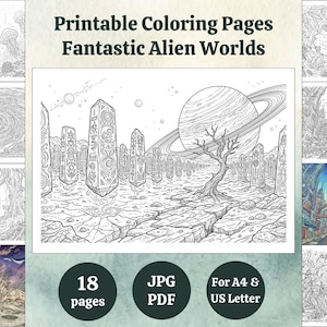May include: Black and white printable coloring pages featuring fantasy alien worlds. The image includes a detailed illustration of an alien landscape with tall, patterned obelisks, a planet with rings, and a barren tree. The product includes 18 pages in JPG and PDF formats, for A4 and US Letter sizes.