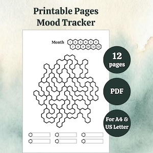 Rastreador de estado de ánimo hexagonal imprimible - 12 páginas - Diario de estado de ánimo para colorear con diseño de panal - Rastreador de hábitos mensual - Inserto para bullet journal - PDF digital