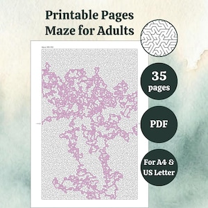 May include: Printable maze for adults. The image features a complex maze with a pink design on a white background. The text on the image says "Printable Pages Maze for Adults", "35 pages", "PDF", and "For A4 & US Letter".