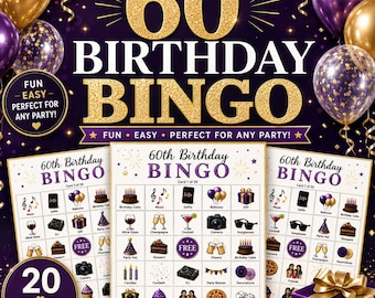 60th Birthday Bingo Printable, 60th Birthday Party Game, Milestone Birthday Activity, Instant Download, 20 Unique Bingo Cards