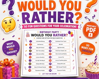 Birthday Would You Rather Game, Printable Birthday Party Activity, Fun Questions Game for Adults, Instant Download PDF