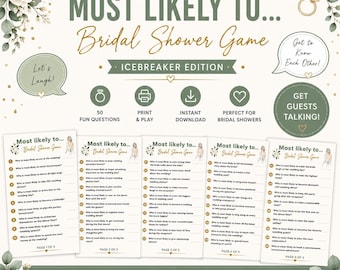 Bridal Shower Icebreaker Game Printable, Most Likely To Bridal Shower Game, Fun Wedding Shower Activity, Instant Download PDF