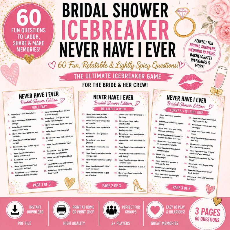 Bridal Shower Icebreaker Never Have I Ever – 60 Printable Party ...