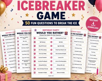 Birthday Icebreaker Game Printable, Fun Birthday Party Activity, Would You Rather Questions, Group Game for Adults, Instant Download