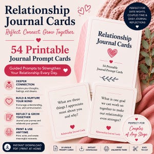 May include: A set of 54 printable Relationship Journal Cards featuring white cards with dark blue text and red heart accents. The cards include prompts like What are three things I appreciate most about you and why? and What is one goal we can work on together to make our relationship even stronger? The design includes text such as Relationship Journal Cards, Reflect, Connect, Grow Together, and 54 Printable Journal Prompt Cards.