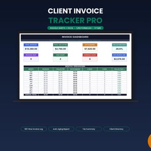 May include: A laptop screen displays a client invoice tracker dashboard. The text "CLIENT INVOICE TRACKER PRO" is at the top. The dashboard shows financial data, including total invoices, amounts collected, and collection rates. Additional features include invoice logs and tax summaries.
