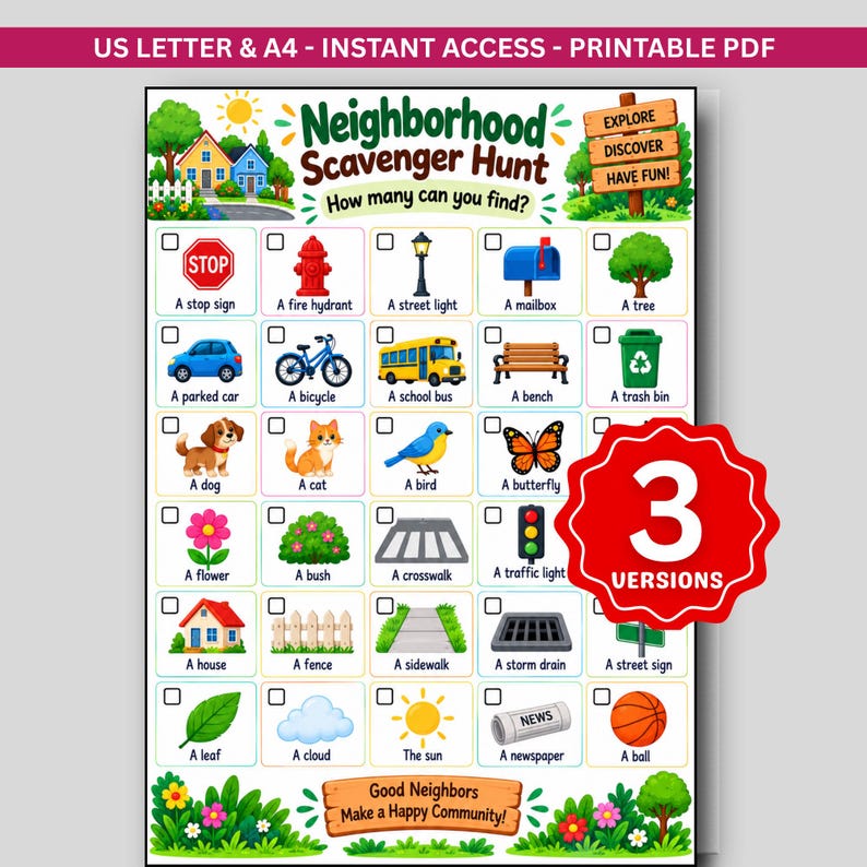 Neighborhood Scavenger Hunt for Kids Printable, Outdoor Walk Activity ...