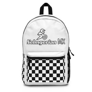 May include: A white backpack featuring a black and white checkered pattern on the front pocket. The upper section displays a black graphic of a person on a motorcycle above the text Nelmgerian MX in a bold, black, outlined font style.