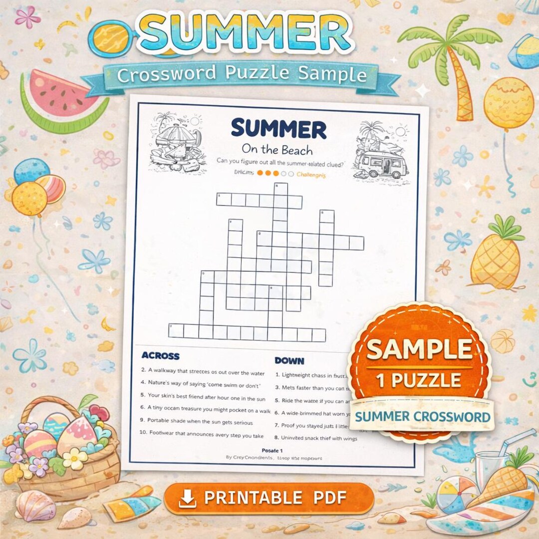 Summer Crossword Puzzle (sample) – Printable Beach Puzzle PDF, Instant ...