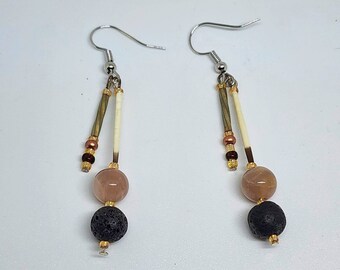 Handmade Porcupine Quill Earrings With Lava and Sunstone Beads