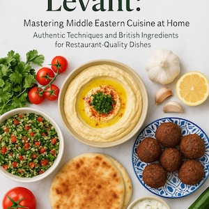 May include: A cookbook cover titled "Flavours of the Levant" with various Middle Eastern dishes. The image includes hummus, falafel, tabbouleh, pita bread, tomatoes, cucumbers, and lemon. The author's name is Sarah Mitchell.