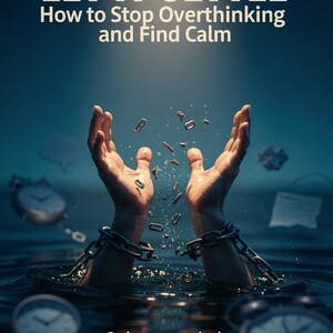 May include: Book cover with the title "LET IT SETTLE" and the subtitle "How to Stop Overthinking and Find Calm." The image shows hands breaking free from chains in water, with clocks and floating objects. The text "Quiet your mind, reclaim your peace" is also visible.