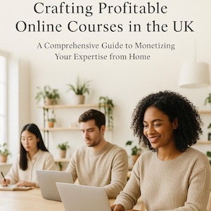 Op de afbeelding: Afbeelding van een boekcover met de titel "From Skills to Sales: Crafting Profitable Online Courses in the UK". Drie mensen werken op laptops. De auteur is James Harland, uitgegeven door Calibre Books.