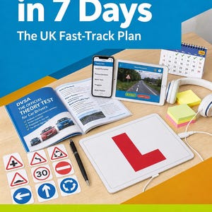 Könnte beinhalten: Bild eines Lernführers für die theoretische Führerscheinprüfung mit Tablet, Smartphone und Verkehrsschildern. Der Text lautet "Theory Test in 7 Days" und "Pass Your Driving Theory Test First Time (UK System)". Ein Kalender und Kopfhörer sind ebenfalls zu sehen.