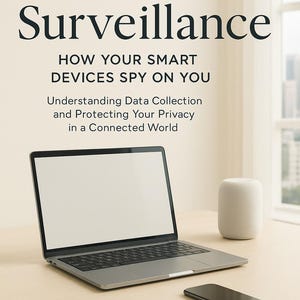 May include: A laptop, smartphone, and speaker are on a light-coloured desk. The book "Invisible Surveillance" is visible, with the text "HOW YOUR SMART DEVICES SPY ON YOU" and "Understanding Data Collection and Protecting Your Privacy in a Connected World."