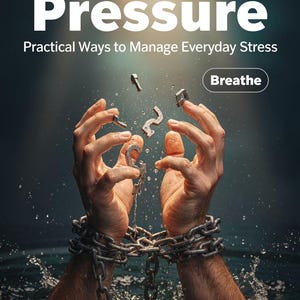 Puede incluir: Portada del libro "Under Pressure" con el subtítulo "Practical Ways to Manage Everyday Stress". La imagen muestra manos encadenadas en el agua, con fragmentos de letras metálicas flotando encima. La palabra "Breathe" también es visible.