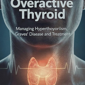 Puede incluir: Portada del libro titulada "Overactive Thyroid" con el texto: "Una guía práctica para adultos del Reino Unido con una tiroides hiperactiva". La portada también incluye una ilustración de la glándula tiroides y el texto "Manejo del hipertiroidismo, la enfermedad de Graves y el tratamiento."