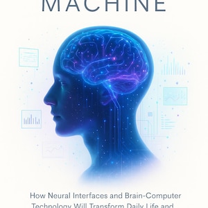 May include: Book cover titled "MIND OVER MACHINE" with a blue and purple illustration of a human head and brain. The book's subtitle discusses neural interfaces and brain-computer technology. Author's name is Rajan Kapoor.
