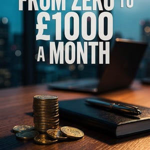 以下が含まれることがあります： 「FROM ZERO TO £1000 A MONTH」というタイトルの本表紙の画像。 金貨の山が、閉じられたノートとペンの隣にあります。 著者の名前、Marcus Webb、出版社、Calibre Booksも表示されています。